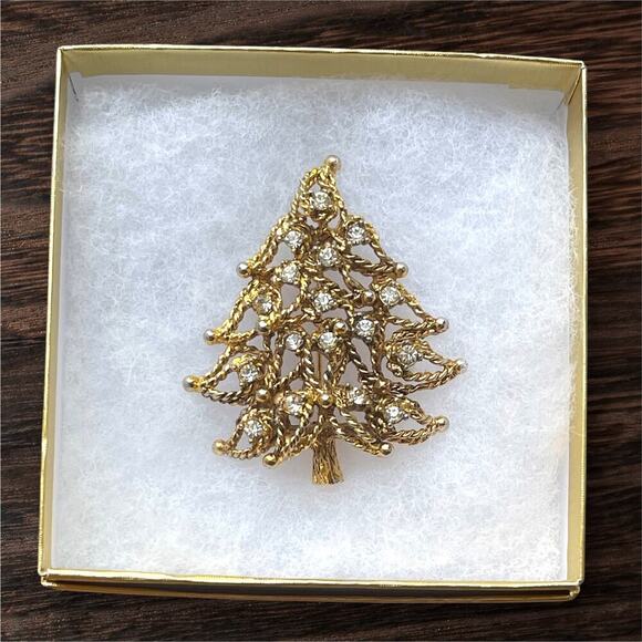 Vintage Christmas Tree Brooch Pin Jeanne Signed Gold Rope Rhinestone MCM 50s - Picture 1 of 9